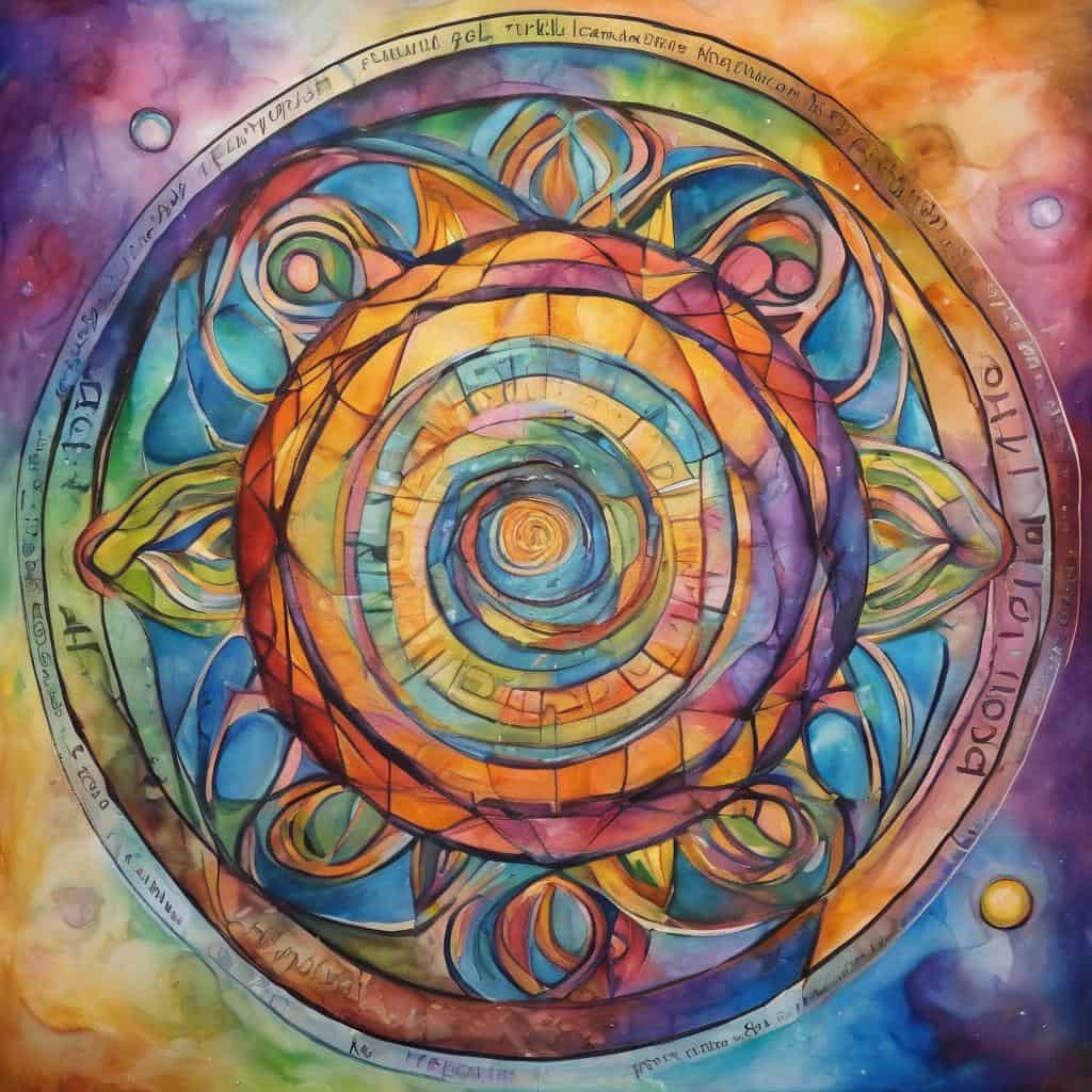 Ορατότητα νου και ηρεμία μέσω αφηρημένου έργου τέχνης με πολύχρωμες κυκλικές μορφές, προάγοντας καθαρή σκέψη και εσωτερική ηρεμία.