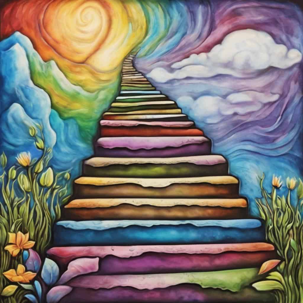Μια πολύχρωμη πίνακας με ουράνια σκάλα, καλεί σε εσωτερική ειρήνη και διαύγεια σκέψης.
